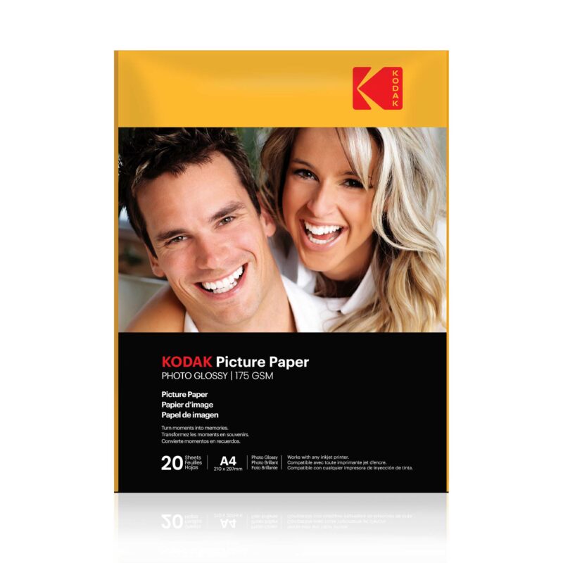 KODAK 175 GSM A4 (210x297mm) 20 Sheets High Glossy Cast Coated Water Resistant Instant Dry Photo Paper For All Inkjet Printers