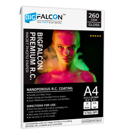 BIGFALCON Premium Ultra Glossy Photo Paper 260 GSM A4 Size (210x297mm) RC Resin Coated Water proof Inkjet Photo Paper 20 Sheets for all Inkjet Printer